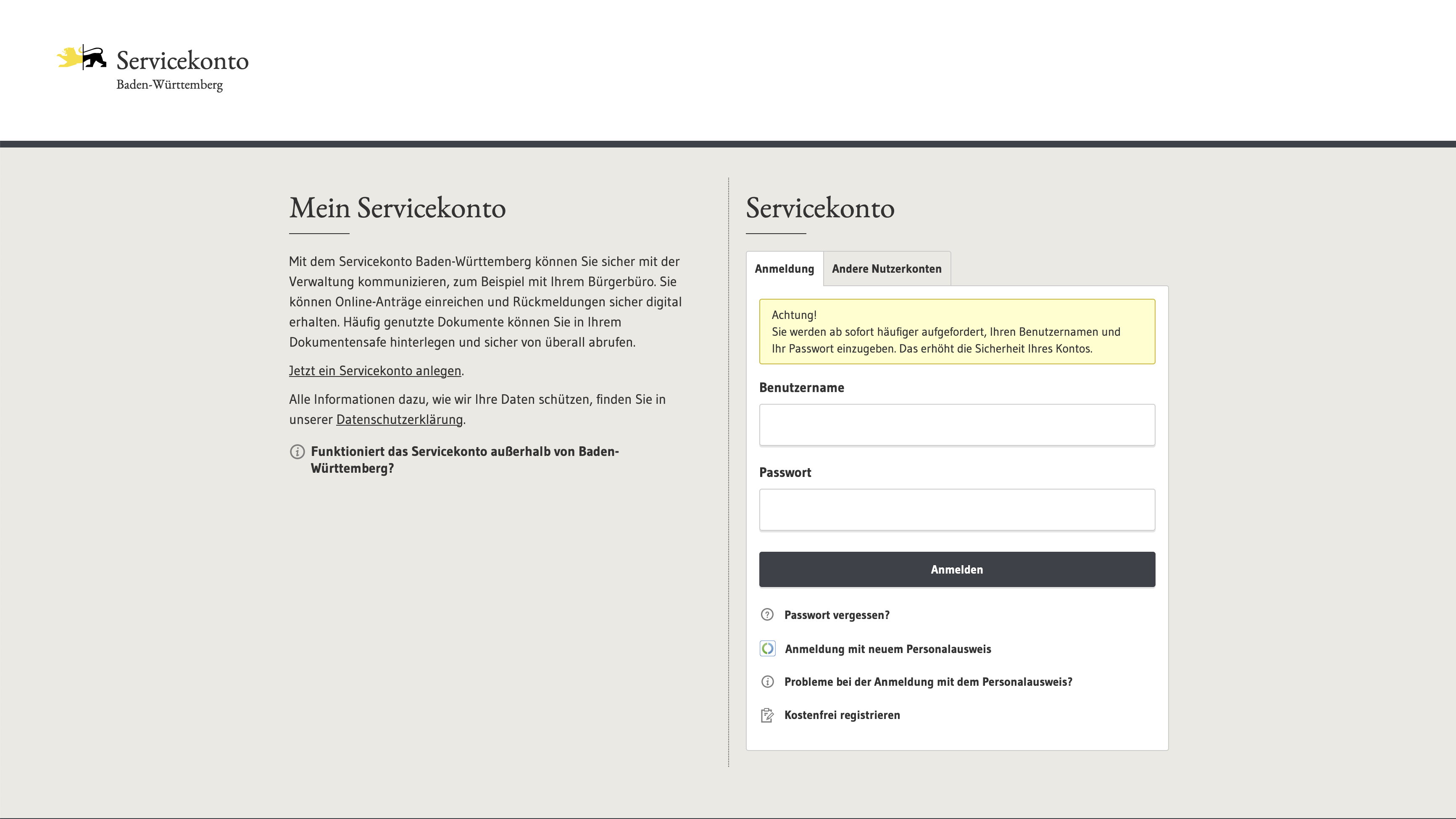 Bildschirmaufnahme des Servicekontos
